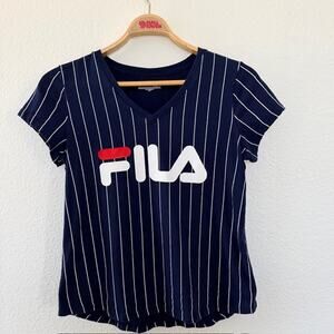 FILA Tee V-Neck Short Sleeve Navy Stripe Baseball-Style Athletic Women's Medium‎